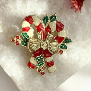 Red, Green & White Enamel Gold Toned Candy Cane Bowtie Christmas Vintage Brooch